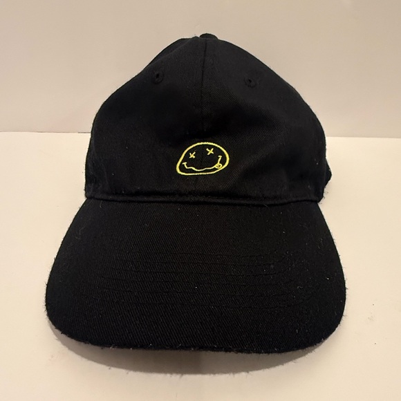 Accessories - Nirvana Baseball Cap Hat Black Yellow Smiley Face Embroidered OSFM Strap Back